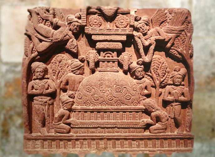 D’après la représentation d'un stûpa et personnages ailés, bas-relief, Bhârhut, IIe siècle avjc, Madhya Pradesh, Nord, Inde ancienne. (Marsailly/Blogostelle)