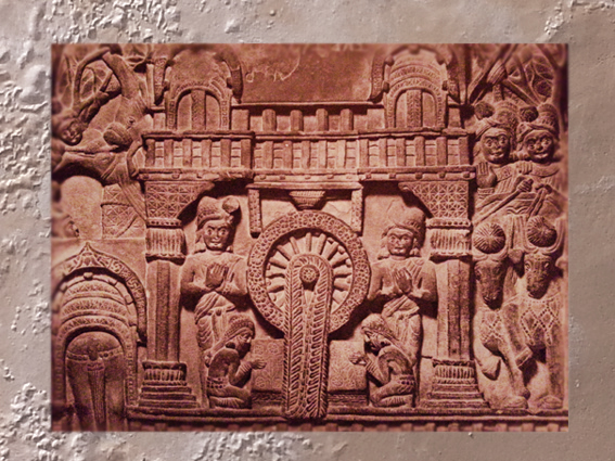 D'après un palais et une scène d'hommage royal à Buddha, relief historié, IIe siècle avjc, Bharhût, Madhya Pradesh, Nord, Inde ancienne. (Marsailly/Blogostelle)