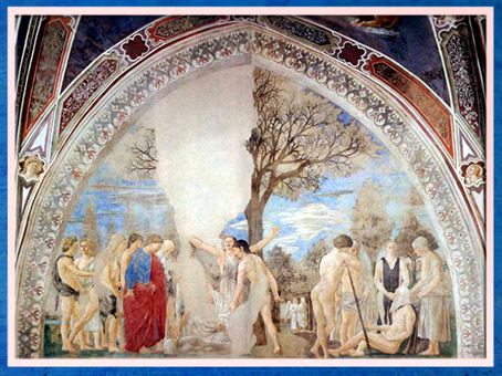 D’après la mort d’Adam, légende de la Vraie Croix, selon Jacques de Voragine, de Piero della Francesca, fresques, 1452-1466, basilique San Francesco d'Arezzo, Renaissance italienne. (Marsailly/Blogostelle)