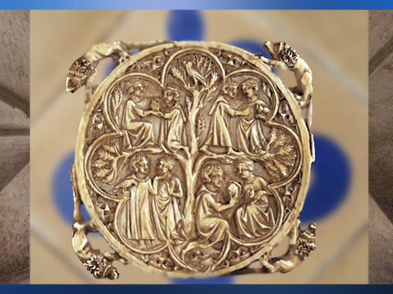 D'après le thème de l'Amour et l'Arbre de Vie, médaillon sculpté, ivoire, XIIe siècle, art Gothique, France. (Marsailly/Blogostelle)