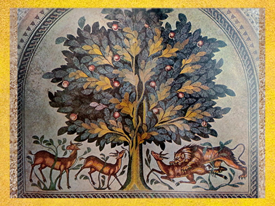 D'après l'Arbre de Vie et les animaux, un symbole du Monde Vivant, mosaïque, VIIIe siècle, Khirbat al-Mafjar, Jordanie, art oriental. (Marsailly/Blogostelle)