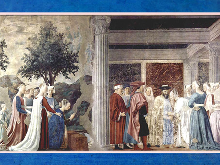 D’après La reine de Saba, le Saint Bois et Salomon, La légende de la Vraie Croix, de Piero della Francesca, fresques, 1452-1466, basilique San Francesco d'Arezzo, Renaissance italienne. (Marsailly/Blogostelle)