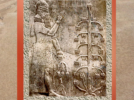 D'après un bas-relief du palais de Sargon III, le Roi et l'Arbre, Dur Sharrukin, Ier millénaire avjc, art Assyrien. (Marsailly/Blogostelle)