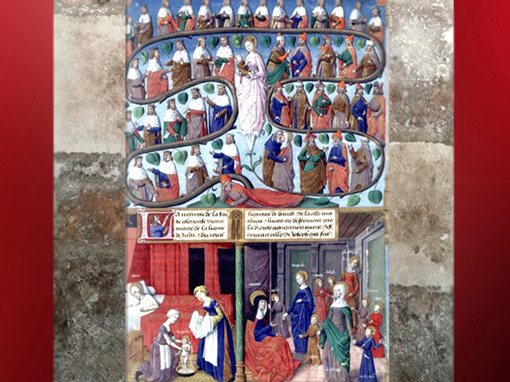 D'après l'Arbre de Jessé, 43 générations, Jacques de Besançon, XVe siècle, inspiré par la Légende Dorée, XIIIe siècle, de Jacques de Voragine. (Marsailly/Blogostelle)