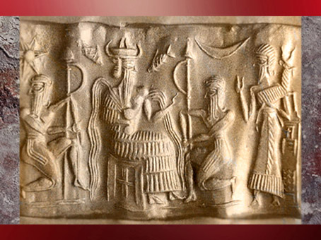 D'après le dieu Ea ou Enki avec des filets d'eau qui lui sortent des épaules, sceau, vers 2300 avjc avjc, période d'Akkad, Mésopotamie.  (Marsailly/Blogostelle)