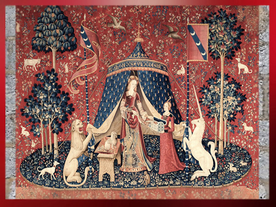 D'après la Dame à la Licorne, À Mon Seul Désir, tente et pilier central, quatre essences d'arbres trônent dans le jardin de La Dame : le Pin, le Chêne, le Houx et l'Oranger, tapisserie, vers 1500, art médiéval. (Marsailly/Blogostelle)