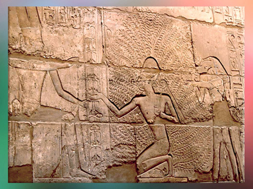 D'après Pharaon et l'Arbre de Vie, gravure en creux, temple de Karnak, Nouvel Empire, 1555 -1080 avjc, Égypte ancienne. (Marsailly/Blogostelle