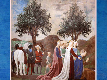 D’après La reine de Saba devant la poutre de Bois Saint, La légende de la Vraie Croix, de Piero della Francesca, fresques,1452-1466, basilique San Francesco d'Arezzo, Renaissance italienne. (Marsailly/Blogostelle)