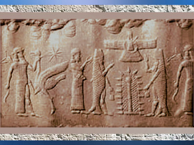 D'après l’Arbre ou Pilier Sacré, poissons-carpes d'Ea, et oiseau, sceau sumérien, IIe millénaire avjc. (Marsailly/Blogostelle)