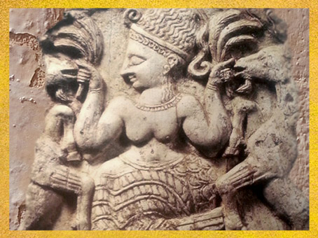 D’après la Maîtresse des animaux qui brandit des palmes, sans doute la grande déesse Astarté, XIIIe siècle avjc, Ugarit, Syrie, Orient ancien. (Marsailly/Blogostelle)