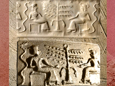 D’après une adoratrice et son dieu, Arbre Sacré et serpent, sceau sumérien (dit d'Adam et Ève au XIXe siècle), vers 2200 - 2100 avjc,Orient ancien. (Marsailly/Blogostelle)