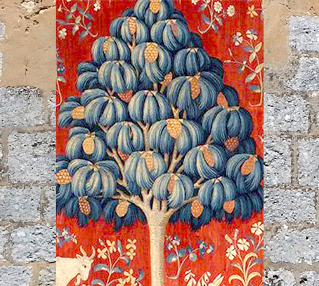 D'après le pin, tapisserie La Dame à la Licorne, À Mon Seul Désir, détail, vers 1500, France, art médiéval. (Marsailly/Blogostelle)