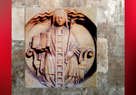 D'après le médaillon à l'échelle, symbole de la Connaissance, sculpture, cathédrale de Chartres, XIe-XIIIe siècle, style gothique, France. (Marsailly/Blogostelle)