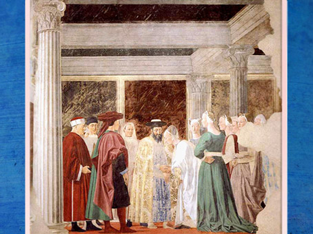 D’après La reine de Saba et Salomon, La légende de la Vraie Croix, de Piero della Francesca, fresques 1452-1466, basilique San Francesco d'Arezzo, Renaissance italienne. (Marsailly/Blogostelle)