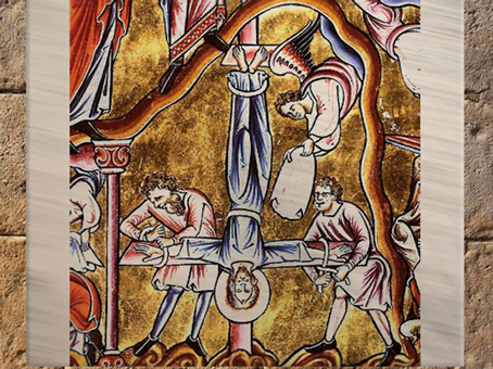 D'après la Croix du Christ Inversée, manuscrit latin, copié à Christ Church de Canterbury sur le Psautier d'Eadwine, XIIe siècle. (Marsailly/Blogostelle)