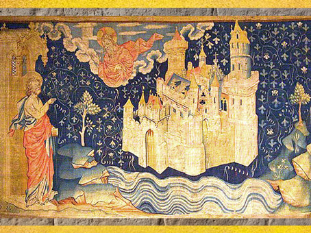 D’après la Jérusalem Céleste et deux Arbres, Tenture de l’Apocalypse, fin XIVe siècle, Angers, France, art médiéval. (Marsailly/Blogostelle)