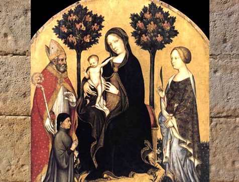 D'après la Vierge à l’Enfant, Gentile da Fabriano, début XVe siècle, des anges nichent dans deux arbres. (Marsailly/Blogostelle)