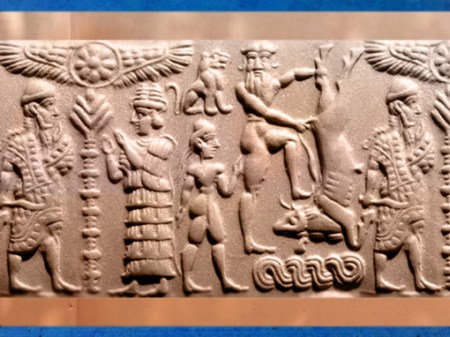 D'après un sceau mésopotamien dit de Gilgamesh, l'Arbre-pilier sacré et le héros en quête d’immortalité, Syrie, IIe millénaire avjc. (Marsailly/Blogostelle)