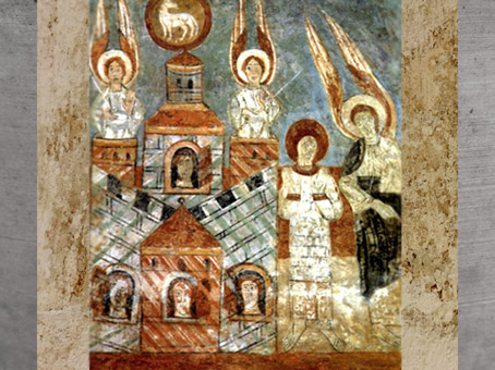 D'après la Jérusalem Céleste, fresque, XIIe siècle, église Saint-Chef (XIe siècle), Isère, France, art médiéval . (Marsailly/Blogostelle)