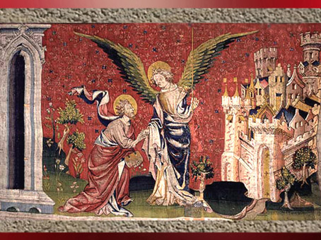 D'après la Tenture de l'Apocalypse, ange, végétation et cité céleste, fin XIVe siècle, Angers, France. (Marsailly/Blogostelle)