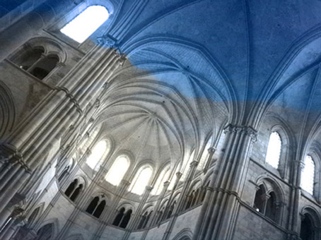 D'après l'élévation et le chœur gothique de la basilique Sainte-Marie-Madeleine de Vézelay, voûtes gothiques et arbres de pierre, 1120-1140, Bourgogne, XIIe siècle, France, art médiéval. (Marsailly/Blogostelle)