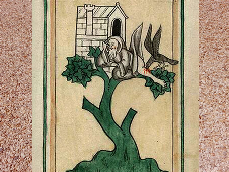 D'après l'énigmatique imagerie médiévale : un homme dans un arbre piqué par un oiseau et maison. (Marsailly/Blogostelle)