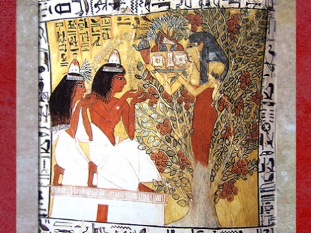 D’après la déesse qui se fond avec le figuier-sycomore, le défunt et son épouse Iyneferti, tombe de Sennedjem, XIXe dynastie, Nouvel Empire, Deir el-Medineh, Égypte Ancienne. (Marsailly/Blogostelle)