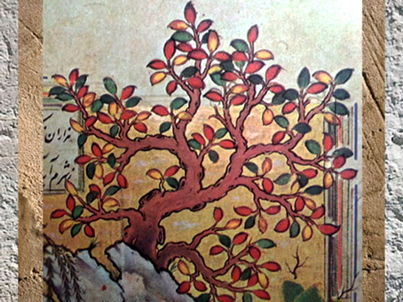 D'après un arbre lumière, détail du Khamseh de Nezâmî, école de Chiraz, XVIe siècle, art persan, Iran ancien. (Marsailly/Blogostelle)