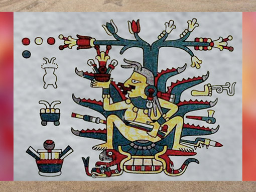 D'après une représentation de la déesse de l'Agave, Mayahuel, manuscrit mazatèque, calendrier rituel, codex Laud ou codex Laudianus, XVIe siècle, Précolombien, Mésoamérique. (Marsailly/Blogostelle)