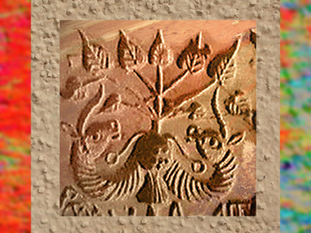 D'après un sceau de Mohenjo- Daro, deux unicornes et un pipal, vers 2300 - 1800 avjc, civilisation de l'Indus. (Marsailly/Blogostelle)