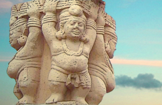 D'après des atlantes dodus coiffés de leur turban à boule, sculpture, torana Ouest, stûpa n° 1, Sanchî, Madhya Pradesh, Nord, Inde ancienne. (Marsailly/Blogostelle)