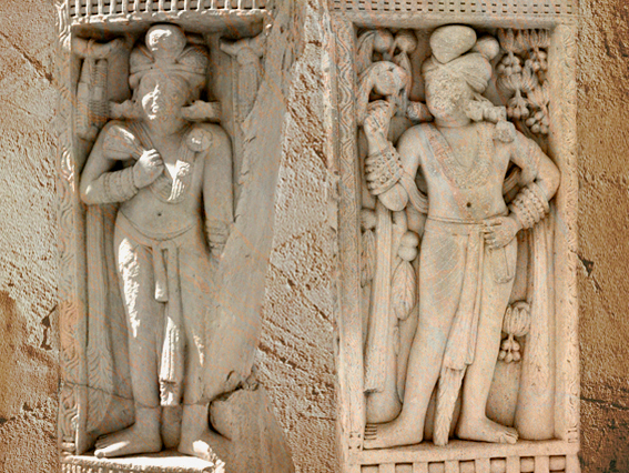 D'après deux dvârapâla, avec lotus et bijoux, porte Nord, stûpa n° 1, Sânchî, ; Ier siècle avjc-Ier siècle, Madhya Pradesh, Nord, Inde ancienne. (Marsailly/Blogostelle)