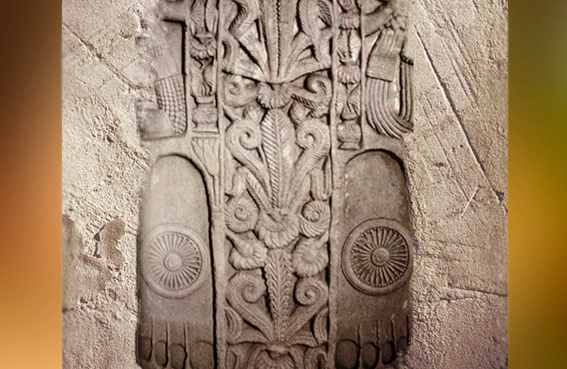 D'après les empreintes du Buddha et roues, symboles spirituels de l'Éveillé, Ier siècle avjc-Ier siècle, stûpa n° 1, Sânchî, Madhya Pradesh, Nord, Inde ancienne. (Marsailly/Blogostelle)