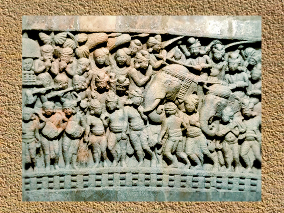D’après une scène urbaine, bas-relief, stûpa n° 1 de Sânchî, Ier siècle avjc, Madhya Pradesh, Nord, Inde ancienne. (Marsailly/Blogostelle)