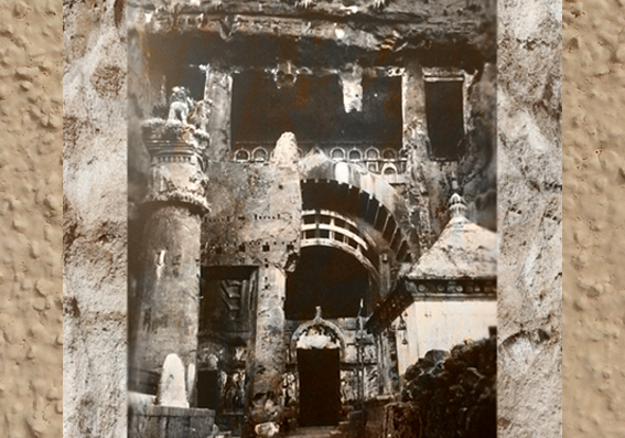D'après le temple rupestre de Karlî, façade et énorme colonne surmontée de lions, fin Ier siècle- IIe siècle, Maharashtra, Inde ancienne. (Marsailly/Blogostelle)