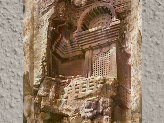 D'après le temple rupestre de Bhaja, balcon sculpté et claire-voie, Ier siècle avjc, Maharashtra, Inde ancienne. (Marsailly/Blogostelle)