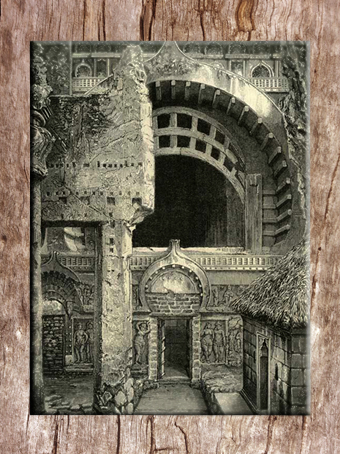 D'après un dessin ancien de l'entrée du temple de Karlî, porte et fenêtre, fin Ier siècle - IIe siècle, Maharashtra, Inde ancienne. (Marsailly/Blogostelle)
