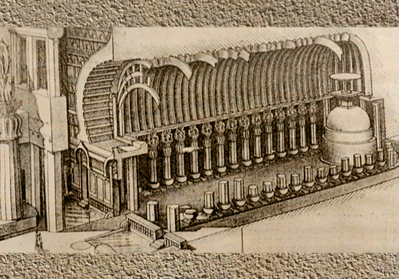 D'après le temple rupestre de Karlî, schéma de l'élévation, fin Ier siècle - IIe siècle, Maharasthra, Inde ancienne. (Marsailly/Blogostelle)