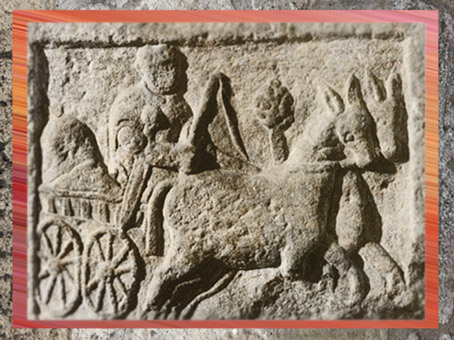 D'après un soldat et chariot de ravitaillement tiré par des mulets, stèle funéraire, bas -relief, grès, Strasbourg, Ier - IVe siècle, Gaule Romaine. (Marsailly/Blogostelle)