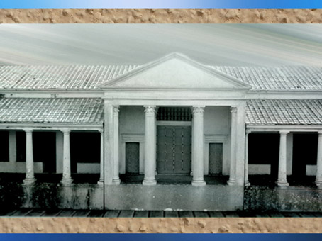 D'après la maquette des Thermes antiques de Barzan, IIe siècle, entrée monumentale et portiques, Charente-Maritime, France, Gaule Romaine. (Marsailly/Blogostelle)