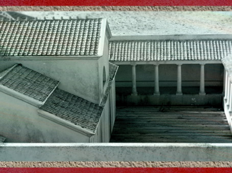 D'après la maquette des Thermes antiques de Barzan, IIe siècle, cour et portiques, Charente-Maritime, France, Gaule Romaine. (Marsailly/Blogostelle)