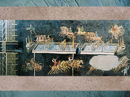 D’après une mosaïque, course de chars, parcours et obélisque, Lyon, vallée du Rhône, France, Ier-IVe siècle, Gaule Romaine. (Marsailly/Blogostelle)