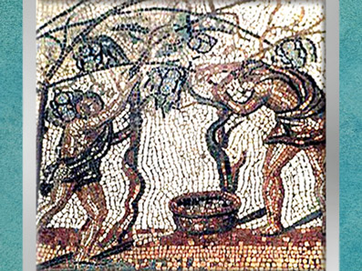 D'après les Vendanges, mosaïque Saint-Romain-en-Gal, IIIe siècle apjc, Gaule Romaine. (Marsailly/Blogostelle)