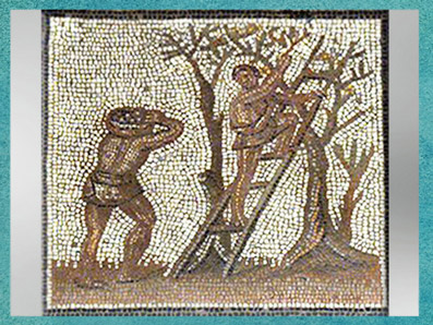 D'après la Cueillette des olives, mosaïque Saint-Romain-en-Gal, IIIe siècle apjc, Vienne, Rhône-Alpes, Gaule Romaine. (Marsailly/Blogostelle)