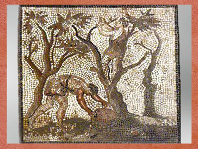 D'après la récolte des pommes, mosaïque Saint-Romain-en-Gal, IIIe siècle apjc, Vienne, Rhône-Alpes, Gaule Romaine. (Marsailly/Blogostelle)