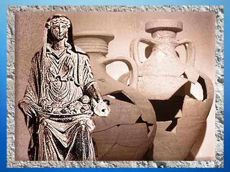 D'après une statuette en bronze de la déesse Mater ou Abondance, et des amphores gauloises, Barzan ; Gaule Romaine. (Marsailly/Blogostelle)