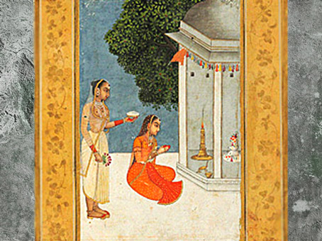 D'après une scène de culte du Linga, Bhairavi (sanskrit Celle de Bhaivara), manuscrit, école Moghole, peut-être du XVIIIe siècle, Inde ancienne. (Marsailly/Blogostelle)