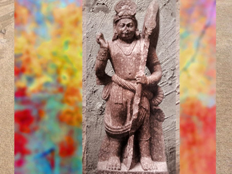D'après le dieu Skanda-Kartikeya, chef des armées divines, haut-relief, grès, Ier siècle, école de Mathura, Uttar Pradesh, Nord, Inde ancienne. (Marsailly/Blogostelle)