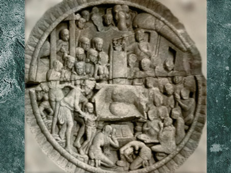 D'après Rahula présenté à son père Buddha, fin IIe siècle, stûpa Amaravatî, Sâtavahâna, Andhra Pradesh, Inde du Sud. (Marsailly/Blogostelle)