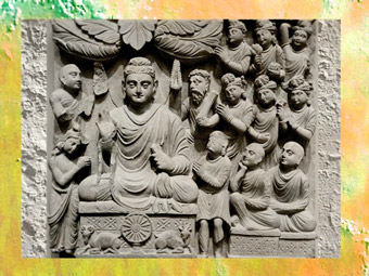 D'après le Premier sermon du Bouddha à Sârnath, IIe siècle, art du Gandhara, époque Kushâna en Inde du Nord. (Marsailly/Blogostelle)